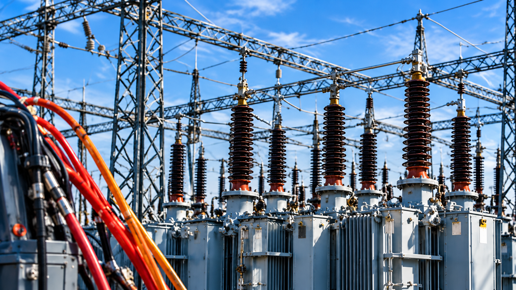 Red and orange test cables connected to transformer equipment at a substation