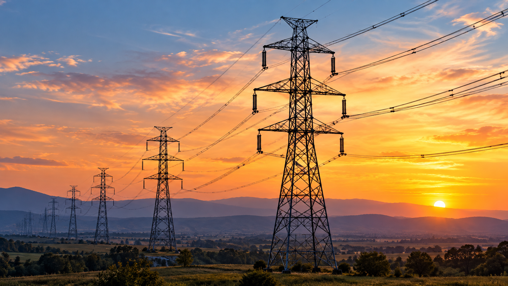 High-voltage power lines on transmission towers at sunset